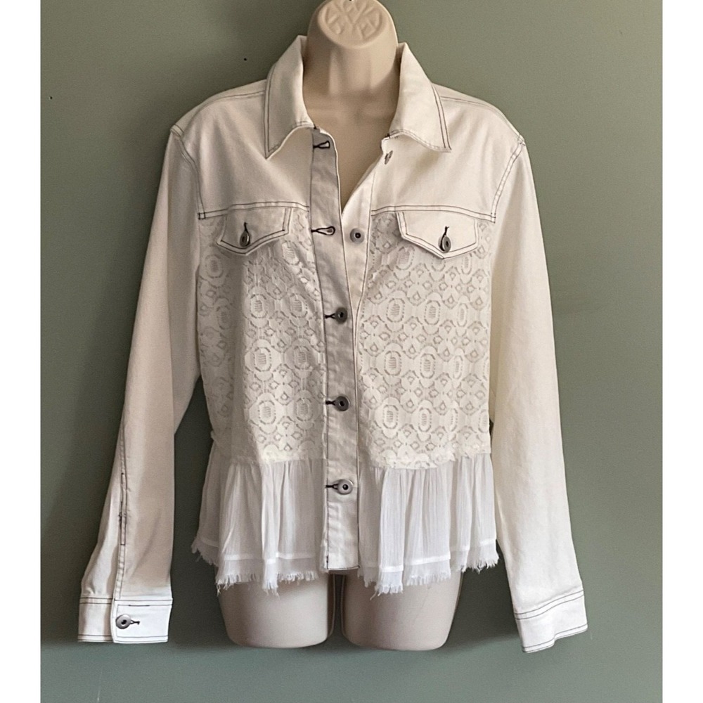 NWOT Ladies Scully Sz. XL White Western Denim & Lace Jacket Georgette Ruffle